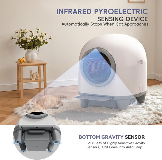 GUNJI Self Cleaning Litter Box, 90L Automatic Cat Litter Box for Multiple Cats, App Control-No Scoop, Large Kitty Box with Safety Protection, Includes Mat, 1 Garbage Bags (Gray) - PuriLite