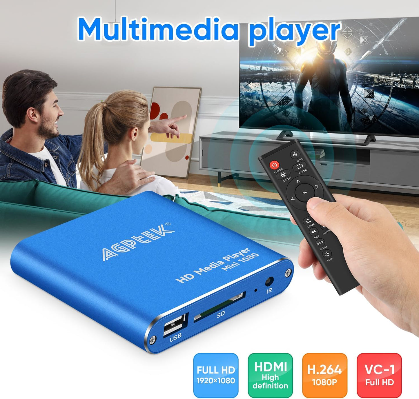 HDMI Media Player, Blue Mini 1080p Full-HD Ultra Digital Media Player for -MKV/RM- HDD USB Drives and SD Cards