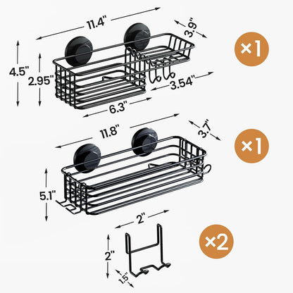 LEVERLOC Shower Caddy Suction Cup, 2 Pack Black Shower Shelf with Hooks and Soap Holder, NO-Drilling Bathroom Organizer, Rustproof Metal Bathroom Storage and Organization