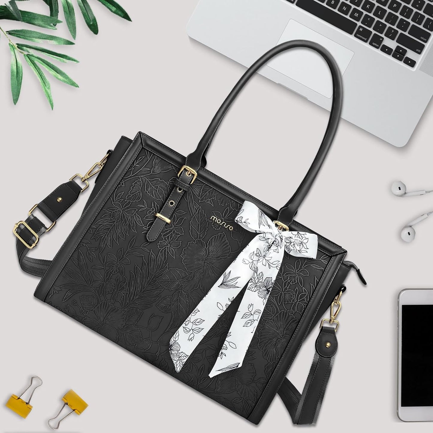 MOSISO Laptop Bag for Women, 17-17.3 inch PU Leathe Tote Bag Compatible with MacBook, HP, Dell, Asus Notebook, Front Embossed Retro Hibiscus Computer Bag with Silk Scarf&Clutch Purse, Gray - PuriLite