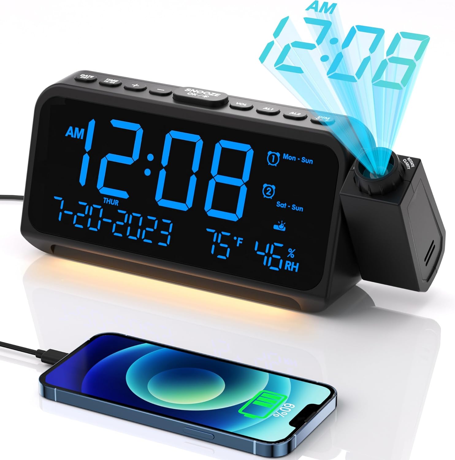 Digital Projection Alarm Clock with 350° Rotating Projector, Dual Alarms, Night Light, Temperature Display, USB Type-C Charging, 12/24H, Adjustable Brightness for Bedroom - PuriLite