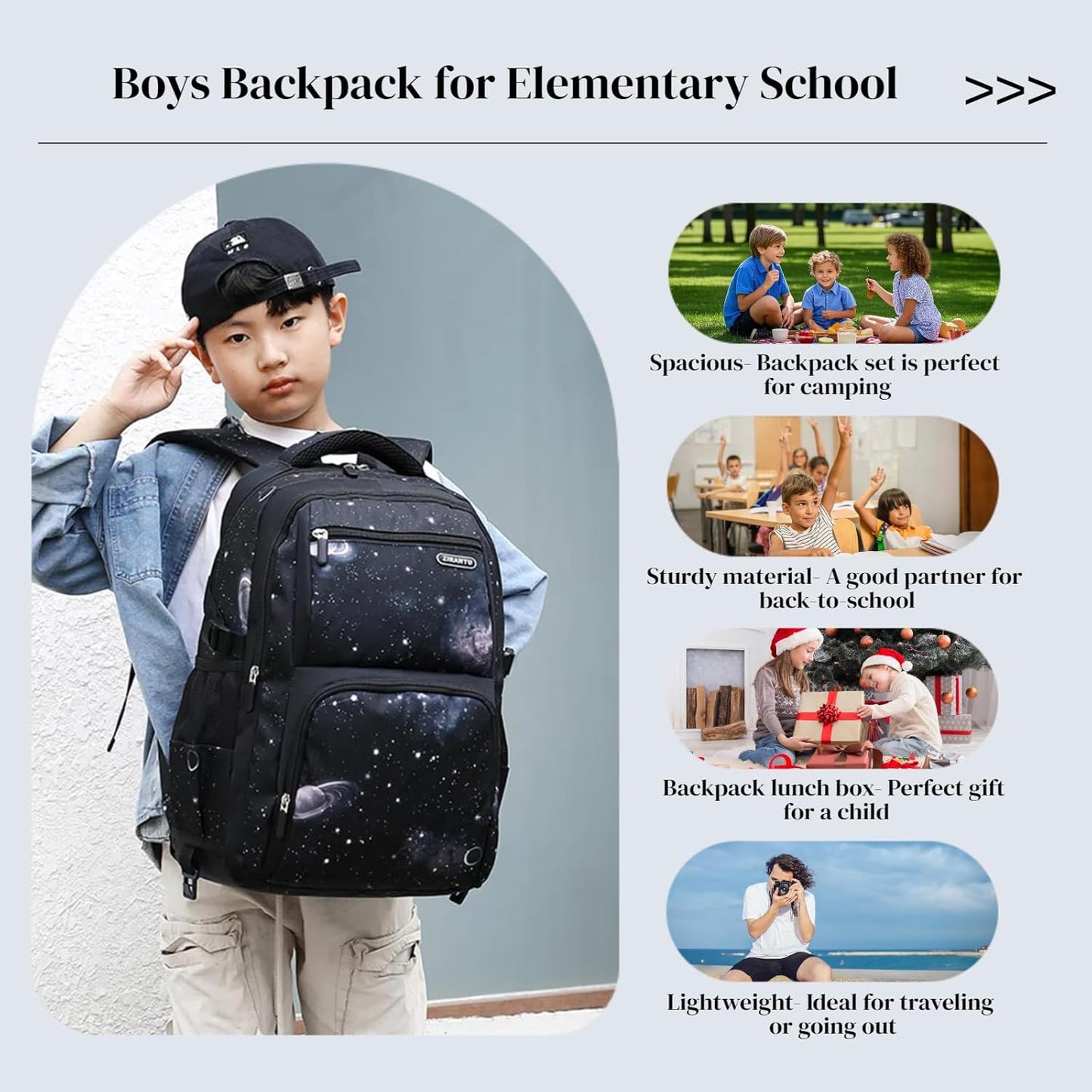 Boys Backpacks Primary Junior High School Bag Kids Bookbag with Lunch Bag 3 in 1 Casual Daypack Set Space Galaxy Durable Knapsack