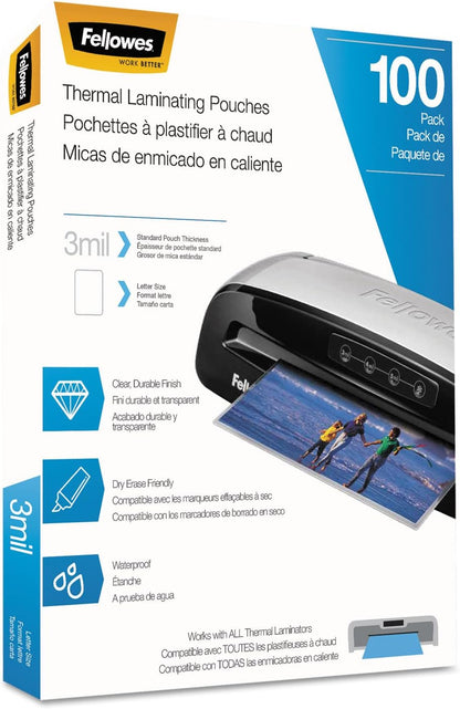 Fellowes Thermal Laminating Pouches, Letter Size Sheets 9 x 11.5-Inches, 3 mil, 200 Pack (5743401), Clear
