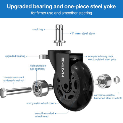 NATRKE Office Chair Wheel Replacement, 11×22 Office Chair Casters, 3" Rubber Caster Wheels for Swivel Chair for All Floors Hardwood Carpet, 5 Pack (Clear)