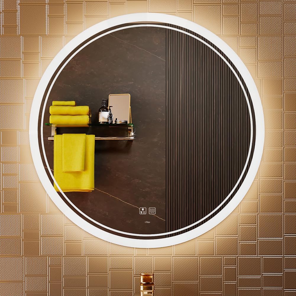KWW Round Mirror Bathroom LED Lighted Mirror, Illuminated Dimmable Anti-Fog Wall-Mounted Makeup Vanity Mirror with Lights (24L x 24W inches)