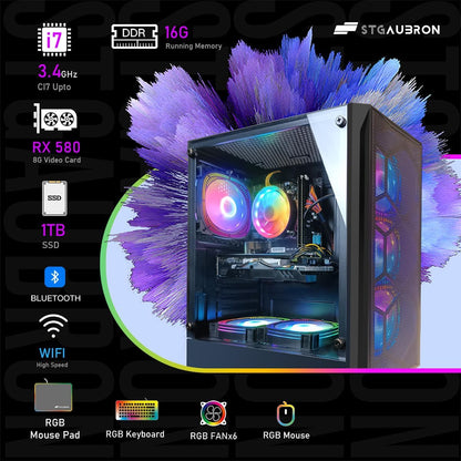STGAubron Gaming PC Computer Desktop, GeForce RTX 2060 Super, Intel Core i7 8th up to 4.1GHz, 16G DDR4, 1T SSD, 600M WiFi, BT 5.0, RGB Fan x6, Windows 11 Home