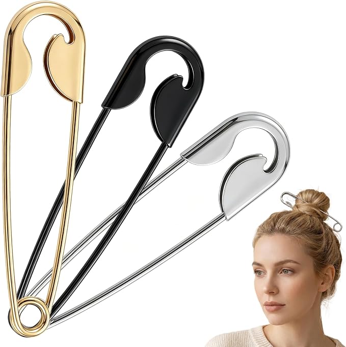 3PCS Oversized Safety Pin Hair Clips for Women Thick Hair - Large Metal French Hair Pin, Strong Hold Statement Hair Styling Accessories for Bun Updo Twist Goth Looks