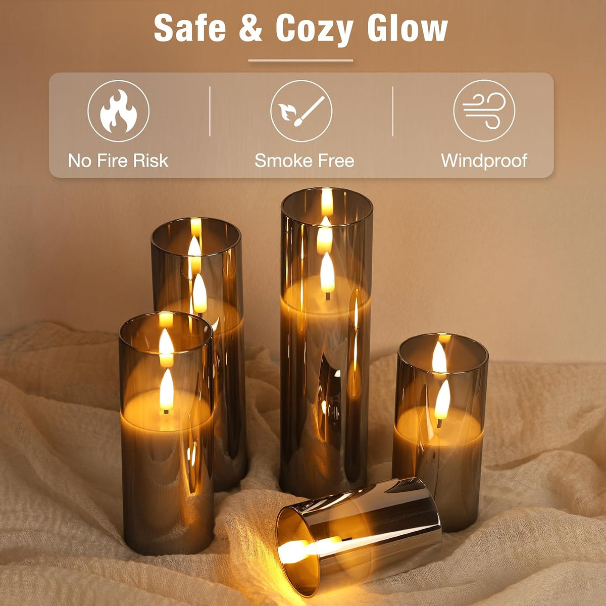 Eywamage Slim Tall Grey Glass Flameless Candles with Remote, Batteries Included, Flickering LED Pillar Votive Candles Set of 5