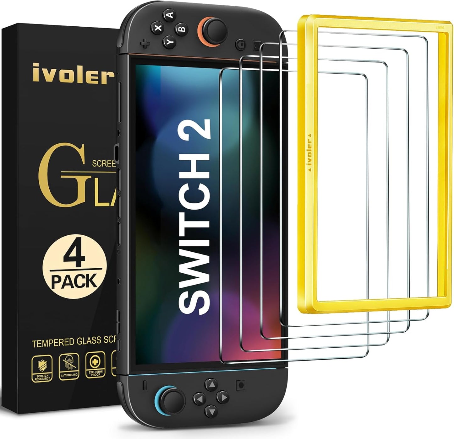 ivoler 4-Pack Screen Protector Tempered Glass for Nintendo Switch 2 Model 2025 with [Alignment Frame] Accessories Transparent HD Clear Anti-Scratch Screen Protector for Nintendo Switch 2, 7.9-Inch