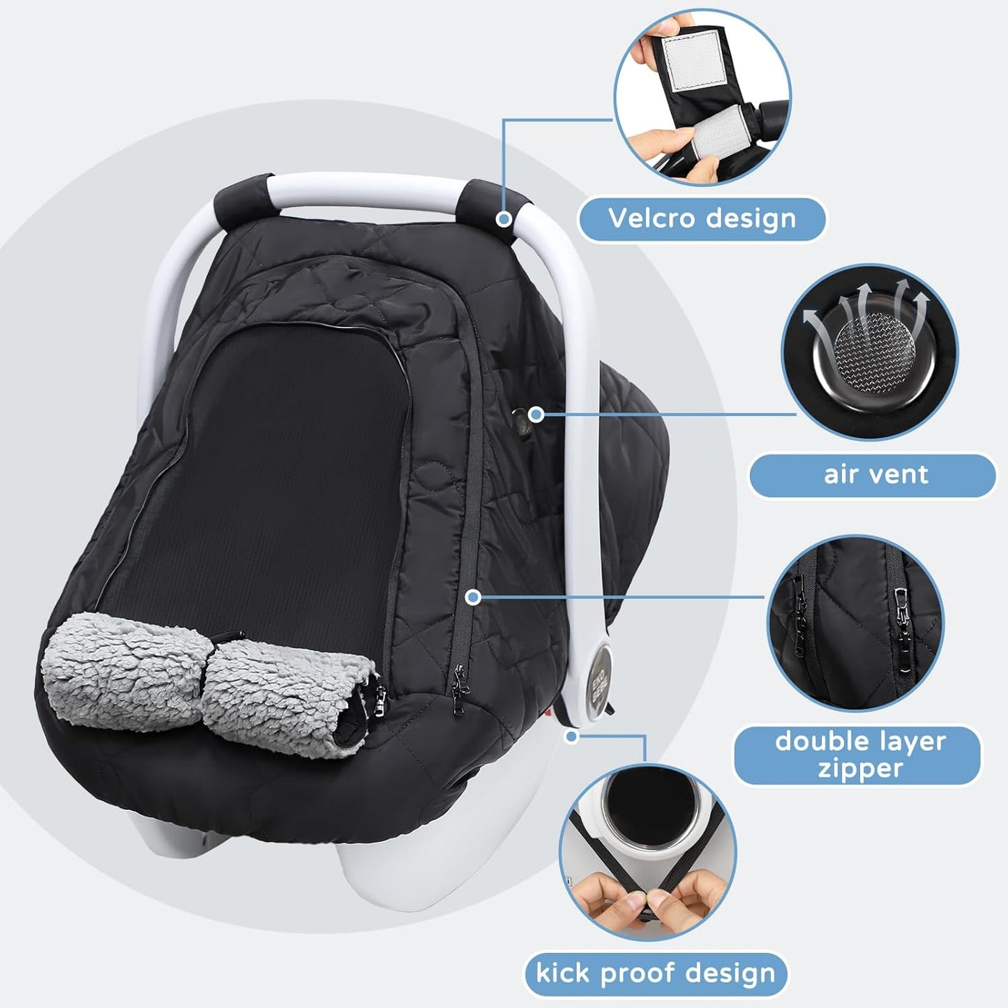 Winter Car Seat Cover for Baby Girl & Boy – Waterproof Infant Car Seat Canopy with Breathable Mesh, Thick Warm Fleece, Weather-Resistant Baby Winter Essential for Stroller & Carrier, Universal Fit, Black