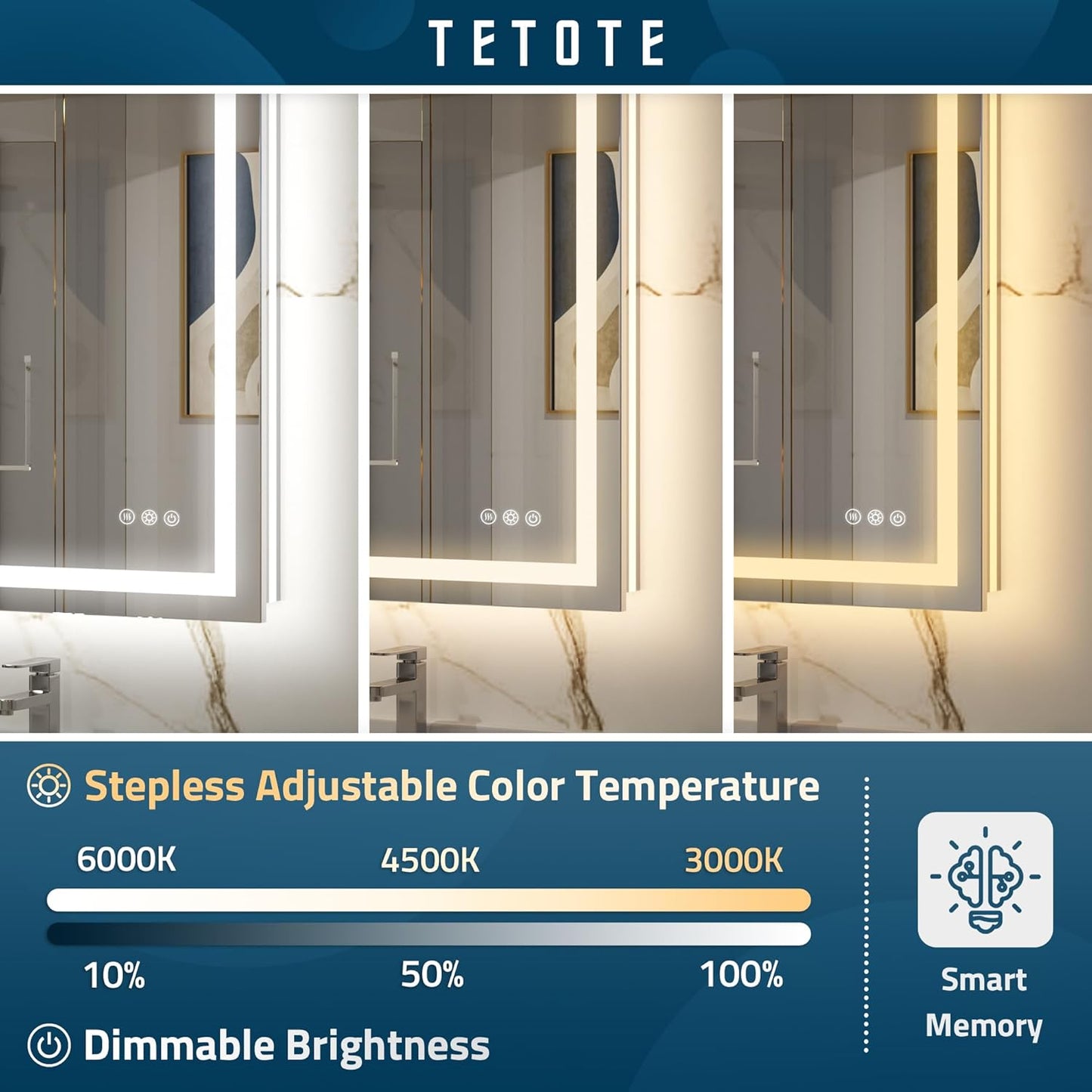 TETOTE LED Bathroom Mirror 20x28 Frontlit & Backlit Lighted Vanity Mirror Anti Fog Stepless Dimmable 3 Colors White/Warm/Natural,Double Lights,Wall-Mounted(Horizontal/Vertical)