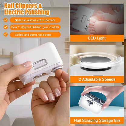 Electric Automatic Nail Clipper, 2 in 1 Fingernail Cutter & Polisher with LED Light, 2 Speeds Rechargeable Nail Trimmer with Nail Scraps Storage for Baby, Kids, Girls, Boys & Adults