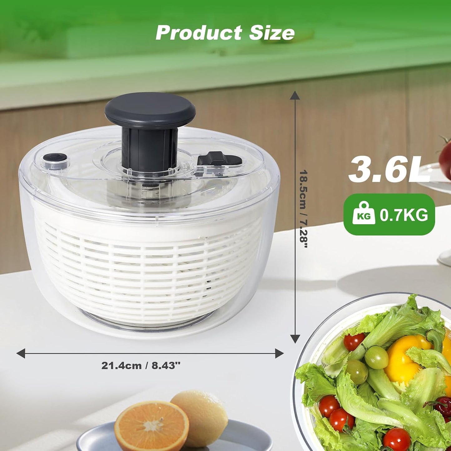 Salad Spinner - 3.6 Litre Non-Slip Vegetable & Fruit Washer/Dryer for Households, Easy-Clean Kitchen Gadget for Greens, Herbs & Vegetables