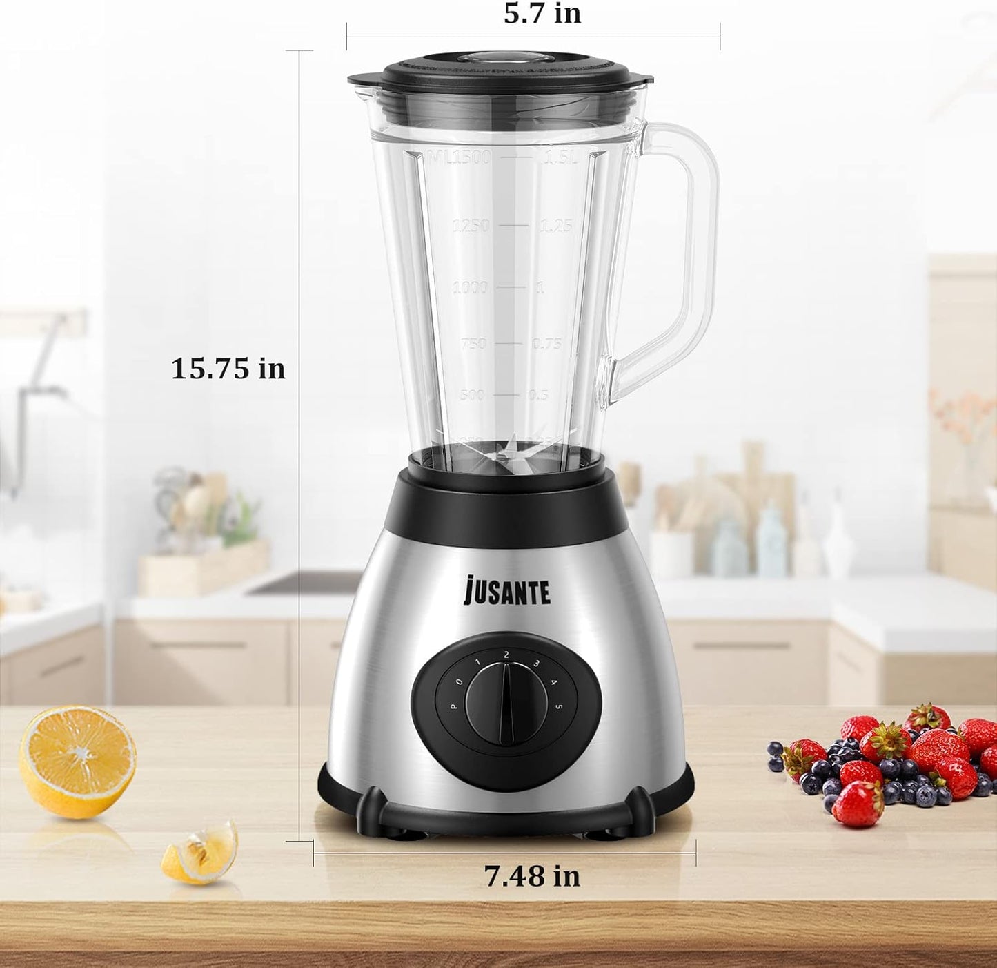JUSANTE Smoothie Blender, 1000W Professional Kitchen Blender with Glass Jar for Shakes & Smoothies High Speed Countertop Blender for Ice Frozen Drinks