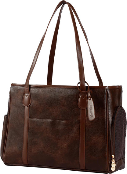 Monanller Stylish Dog Purse Carrier, Leather Pet Carrier Bag for Small Dogs Cats Puppy, Airline Approved Soft-Sided Carrier Beige