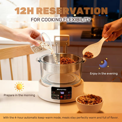 Moongiantgo Low Carb Rice Cooker 3L with Auto Lift Filter Basket, Glass Pot | Healthy Low Sugar Rice Maker 700W, Digital Touch Control, 12H Timer & Keep Warm, Steamer for Porridge, Soup, Oats, Grains