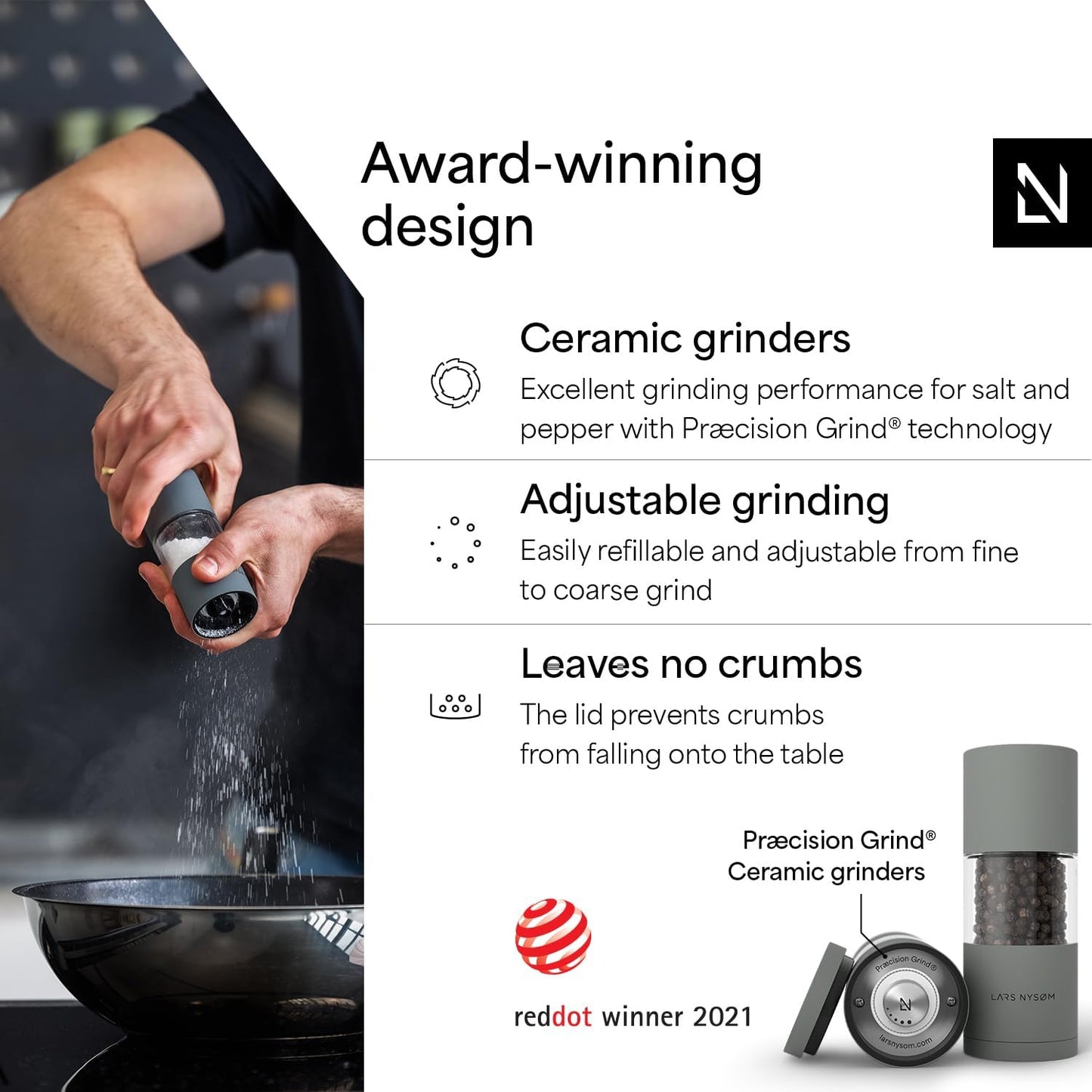 LARS NYSØM Salt and Pepper Grinder Set I Salt and Pepper Mills with Adjustable Ceramic Grinder 2 Pieces I Manual Design Spice Mill Set (Carbon Black)