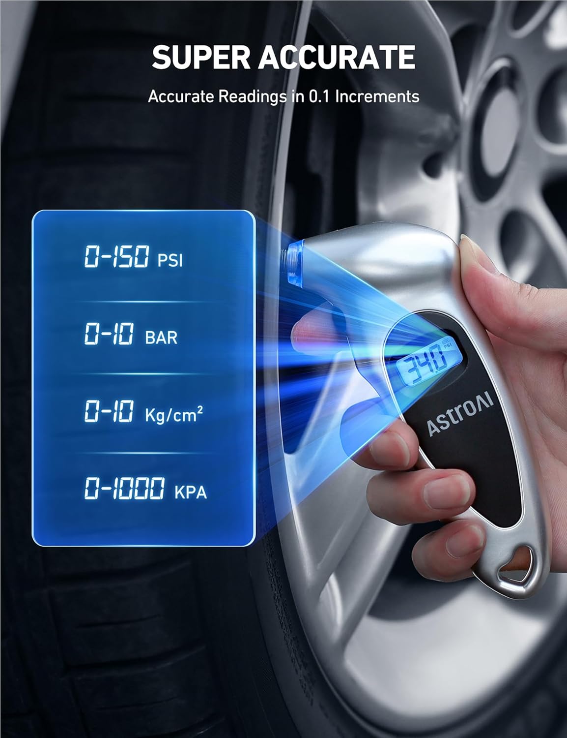 AstroAI Digital Tire Pressure Gauge with Replaceable AAA Batteries, 150 PSI 4 Settings Industrial Tire Gauge for Car Truck Bicycle Backlit LCD Non-Slip Grip Car Accessories(Black)