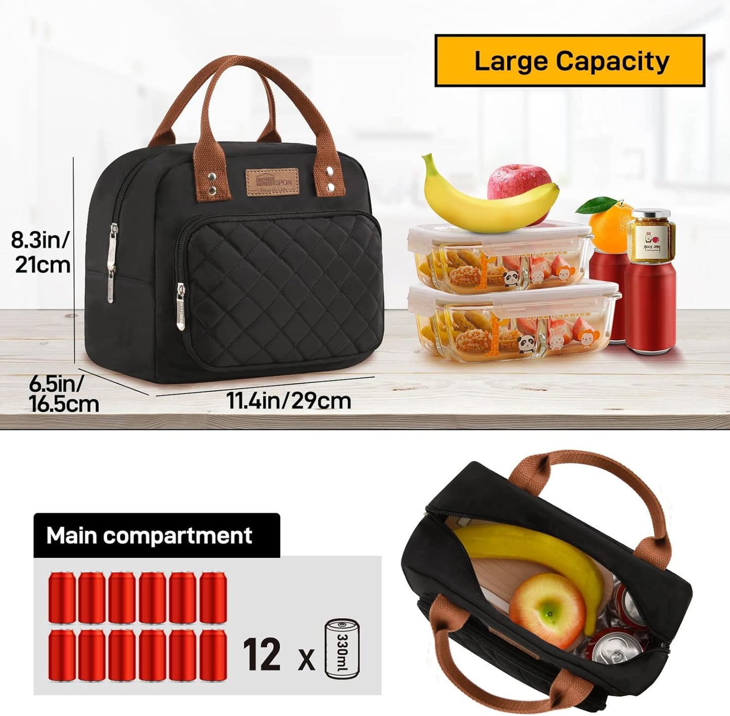 HOMESPON Lunch Bag for Woman Man Adults with Front Pocket Insulated Lunch Tote Lunch Box Container for Work Picnic or Travel(Black)