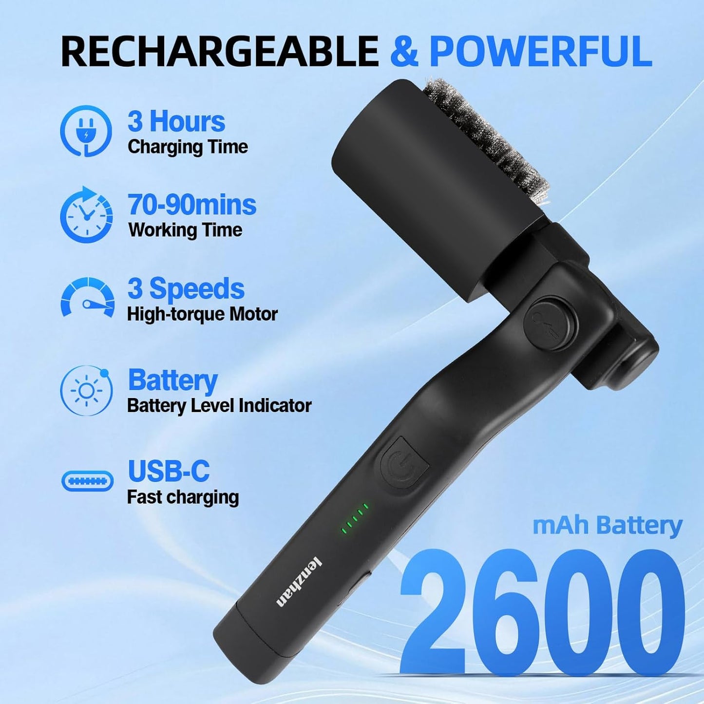 Cordless Electric Grill Brush with Adjustable Angle, 3-Speed Power Motor & Stainless Steel Head - Rechargeable, 90-Min Runtime, Waterproof Grill Cleaner for BBQ Grates & Griddles (Black)