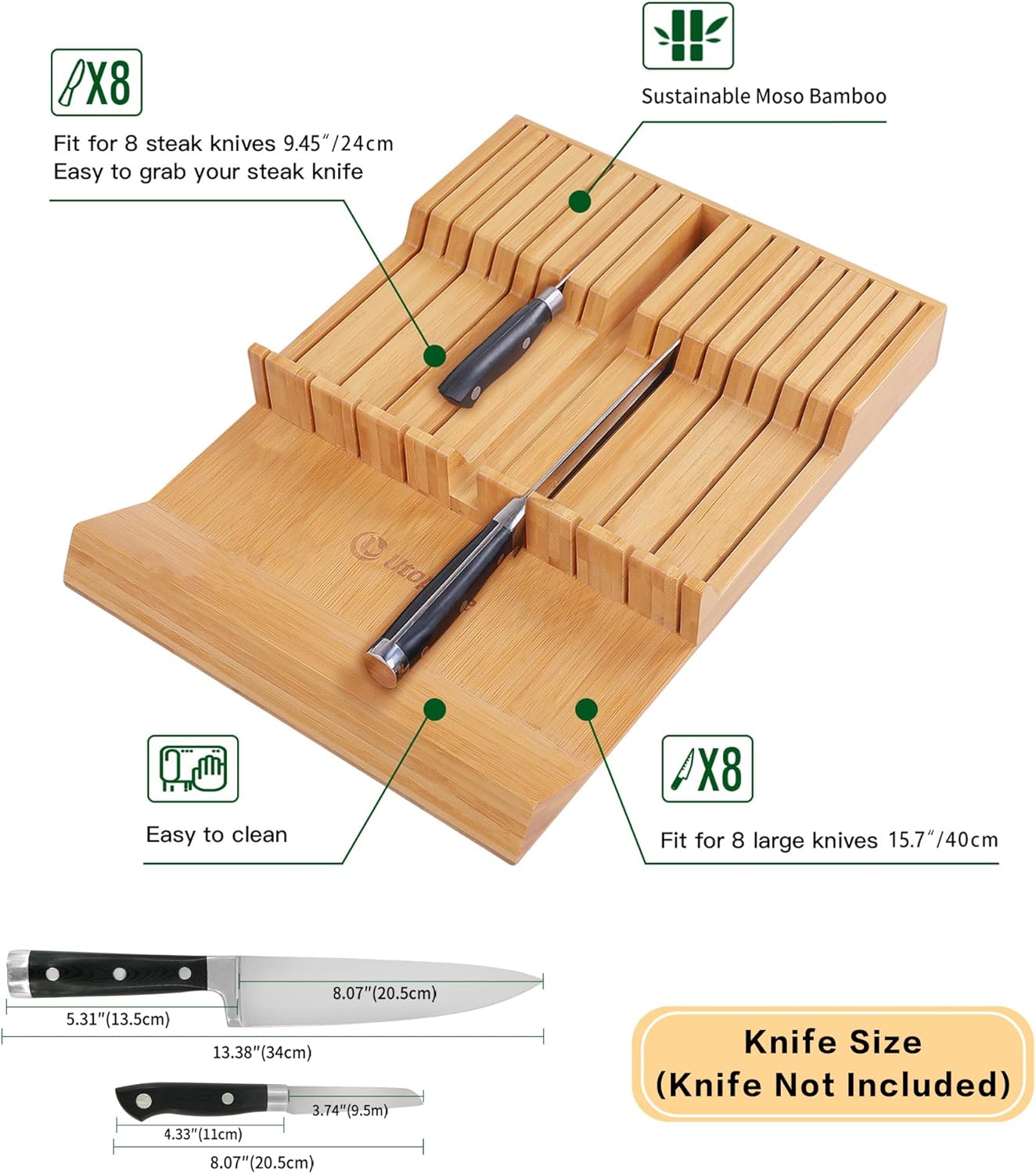 Utoplike in-Drawer Knife Block Bamboo Kitchen Knife Drawer Organizer,Large Handle Steak Knife Holder Without Knives, fit for 16 Knives and 1 Sharpening Steel (16 Knife Organizer)