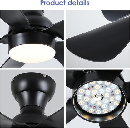 Modern Ceiling Fans with Lights Remote/APP Control, 29" Flush Mount Ceiling Fans with 3 CCT Dimmable Lights, Low Profile Ceiling Fans with 5 Propeller Blades LED Lights for Kids Room Bedroom, Brown - PuriLite