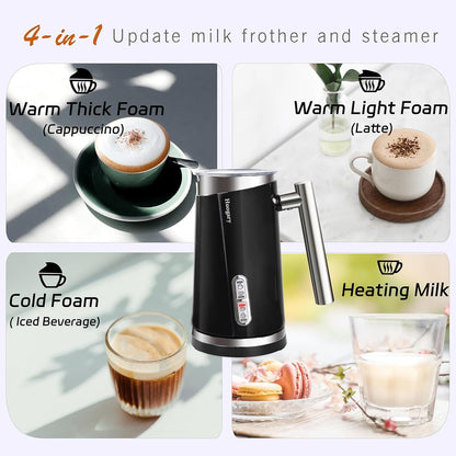 Huogary Milk Frother, 4 in 1 Milk Steamers and Frothers, 4.4oz Electric Warm and Cold Foam Maker, 10oz Milk Warmer, Auto Shut-Off Frother for Coffee, Latte, Cappuccino, Macchiato, Hot Chocolate Black