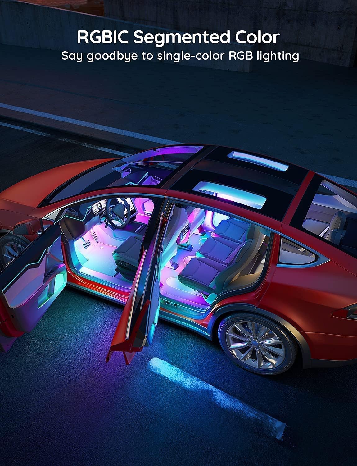 RGBIC Car LED Strip Lights with App Control, 16 Million Colors, Music Sync, 30 Scene Modes, Waterproof Interior Car Lighting, 2-Line Design, Universal Fit for Cars & SUVs (12V) - PuriLite