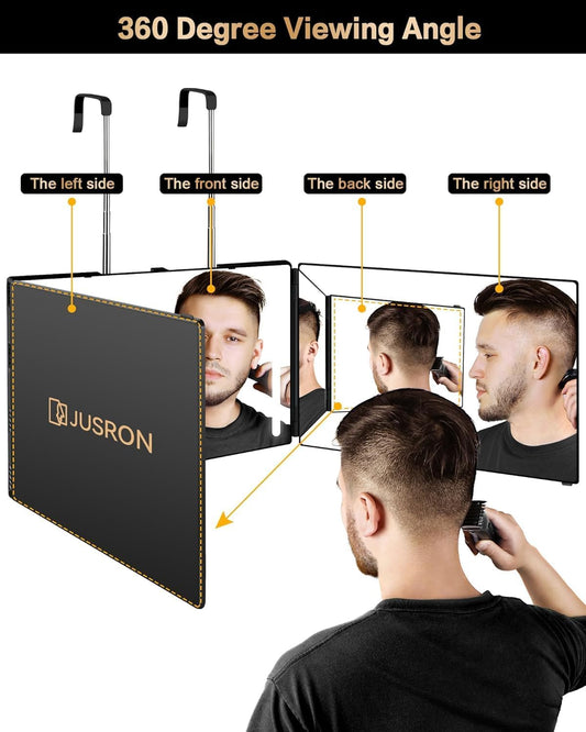 3 Way Mirror for Self Hair Cutting, 360 Trifold Self Haircut Mirror 3 Sided Makeup Mirror to See Back of Head with Height Adjustable Hooks, for Hair Cutting, Makeup, Shaving, Braiding, Styling