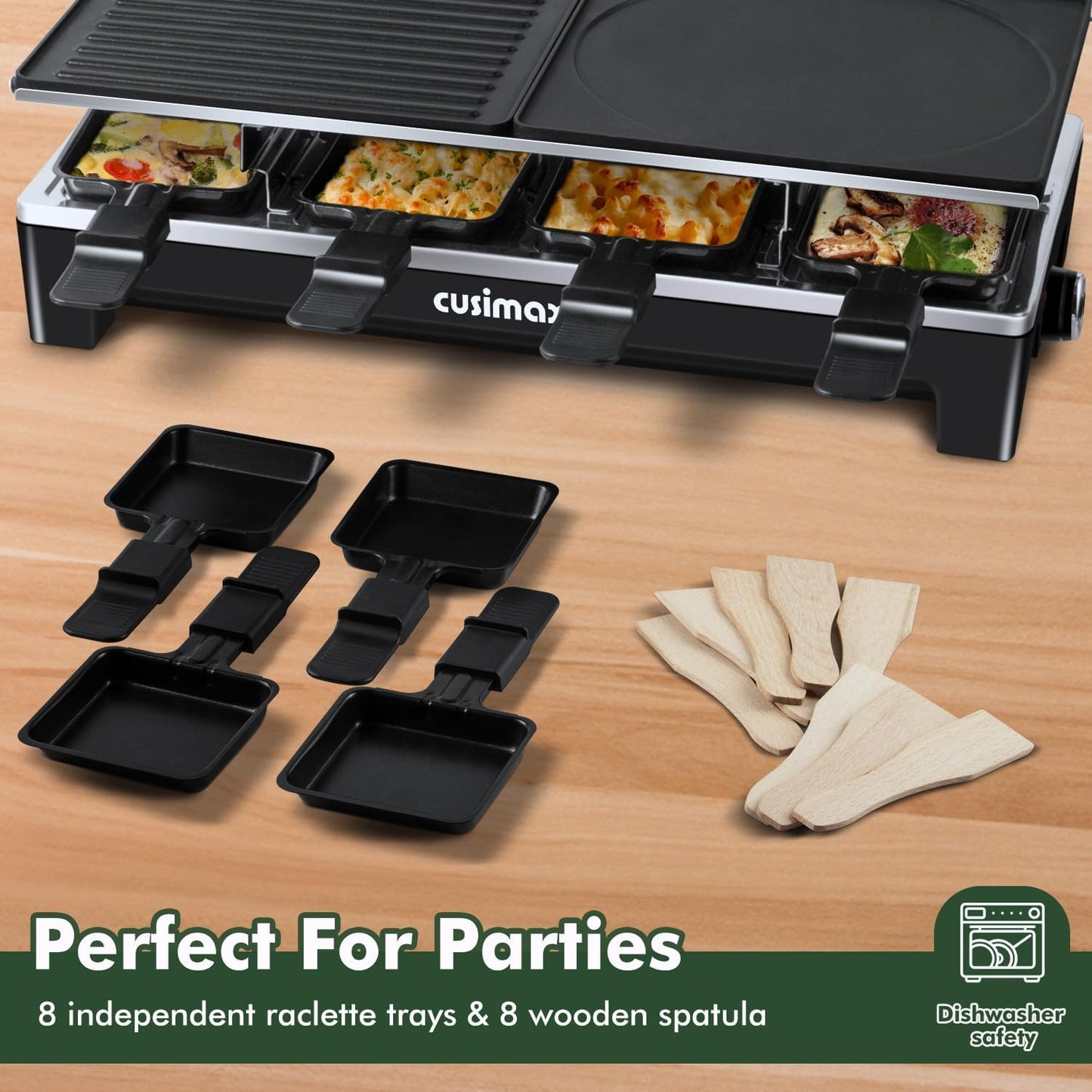 Raclette Table Grill, CUSIMAX Electric Indoor Grill, Portable Korean BBQ Grill with 2 in 1 Reversible Non-stick Plate& Natural Grill Stone, 1500W Electric Party Grill, 8 Raclette Pans& Wooden Spatulas