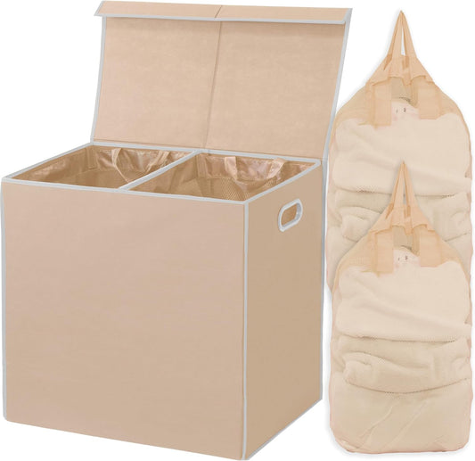 SimpleHouseware Double Laundry Hamper with Lid and Removable Laundry Bags, Beige - PuriLite