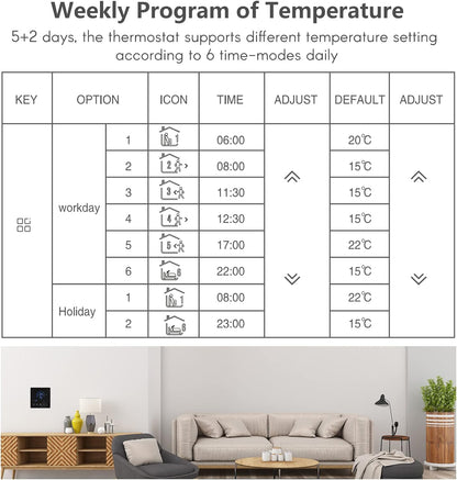Thermostat, Manual Auto Mode Weekly Programmable Smart Thermostat Smart Home with Touch Button LCD Screen for Water Heating Systems (Electric Heating)