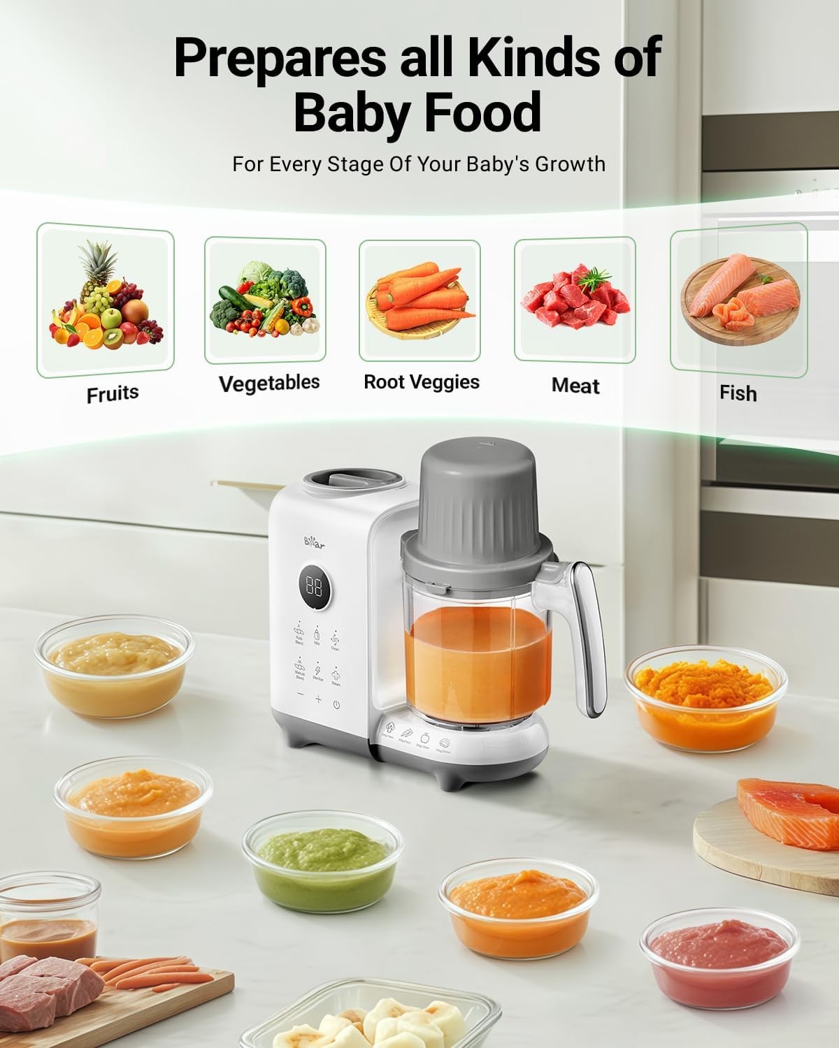 Bear Baby Food Maker Steamer&Blender with Dual-Layer Steam Baskets, 18.5oz