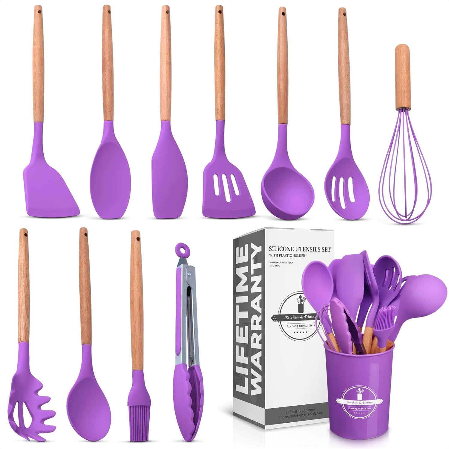 12-Piece Purple Kitchen Utensils Set with Holder – Heat-Resistant Silicone Cooking & Baking Tools, Gentle on Nonstick Pans, Easy to Clean, Stylish Kitchen Accessories - PuriLite