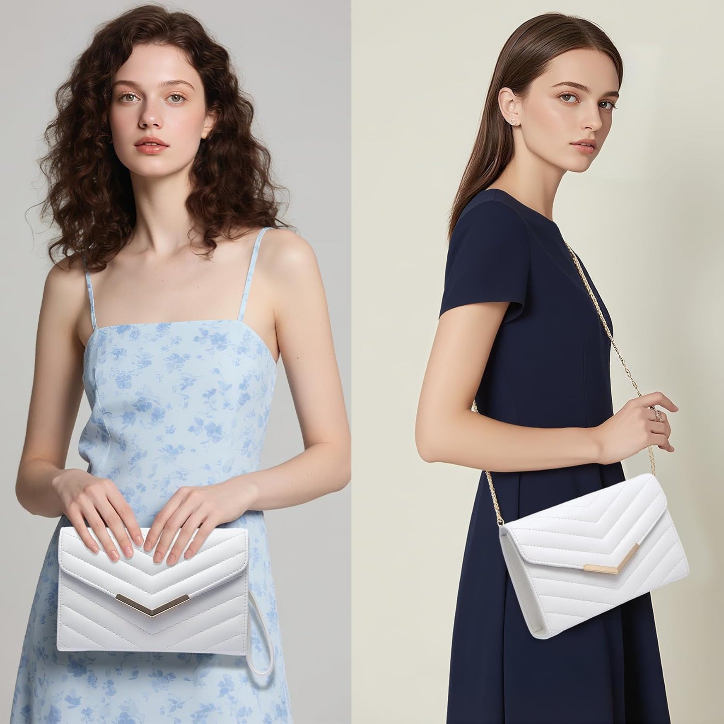 Larcenciel White Quilted Evening Clutch Bag, Elegant Envelope Vegan Leather Crossbody Purse for Women, Detachable Chain & Wristlet Strap, Formal Wedding Guest Bridal Prom Cocktail Party Handbag Wallet - PuriLite