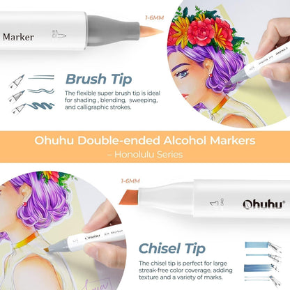 Ohuhu 48 Color Alcohol Markers Brush Tip: Double Tips Drawing Marker for Adults Artists Coloring Books Soft Tip Markers 1 Alcohol-based Marker Blender, Brush & Chisel- Honolulu Art Pen Gift - PuriLite
