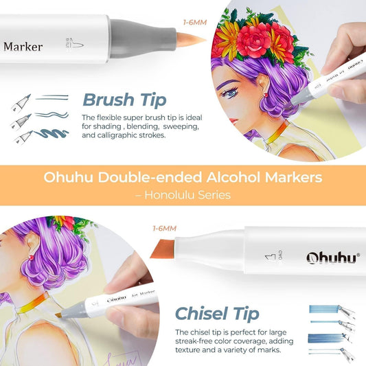 Ohuhu 48 Color Alcohol Markers Brush Tip: Double Tips Drawing Marker for Adults Artists Coloring Books Soft Tip Markers 1 Alcohol-based Marker Blender, Brush & Chisel- Honolulu Art Pen Gift - PuriLite