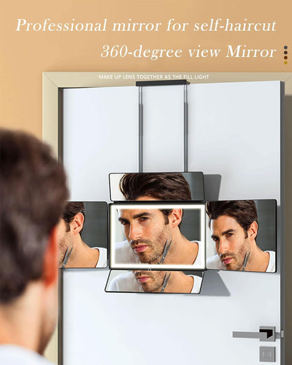 Aokoka 5 Way Mirror with Light for Self Hair Cutting, 360° Barber Mirror for Men Shaving, Makeup Mirror with Height Adjusta for Braiding Hair Styling Dye Hair for Women