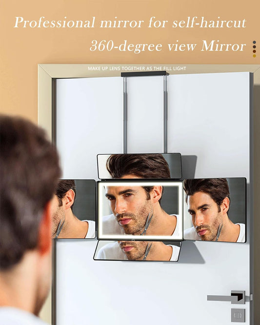 Aokoka 5 Way Mirror with Light for Self Hair Cutting, 360° Barber Mirror for Men Shaving, Makeup Mirror with Height Adjusta for Braiding Hair Styling Dye Hair for Women