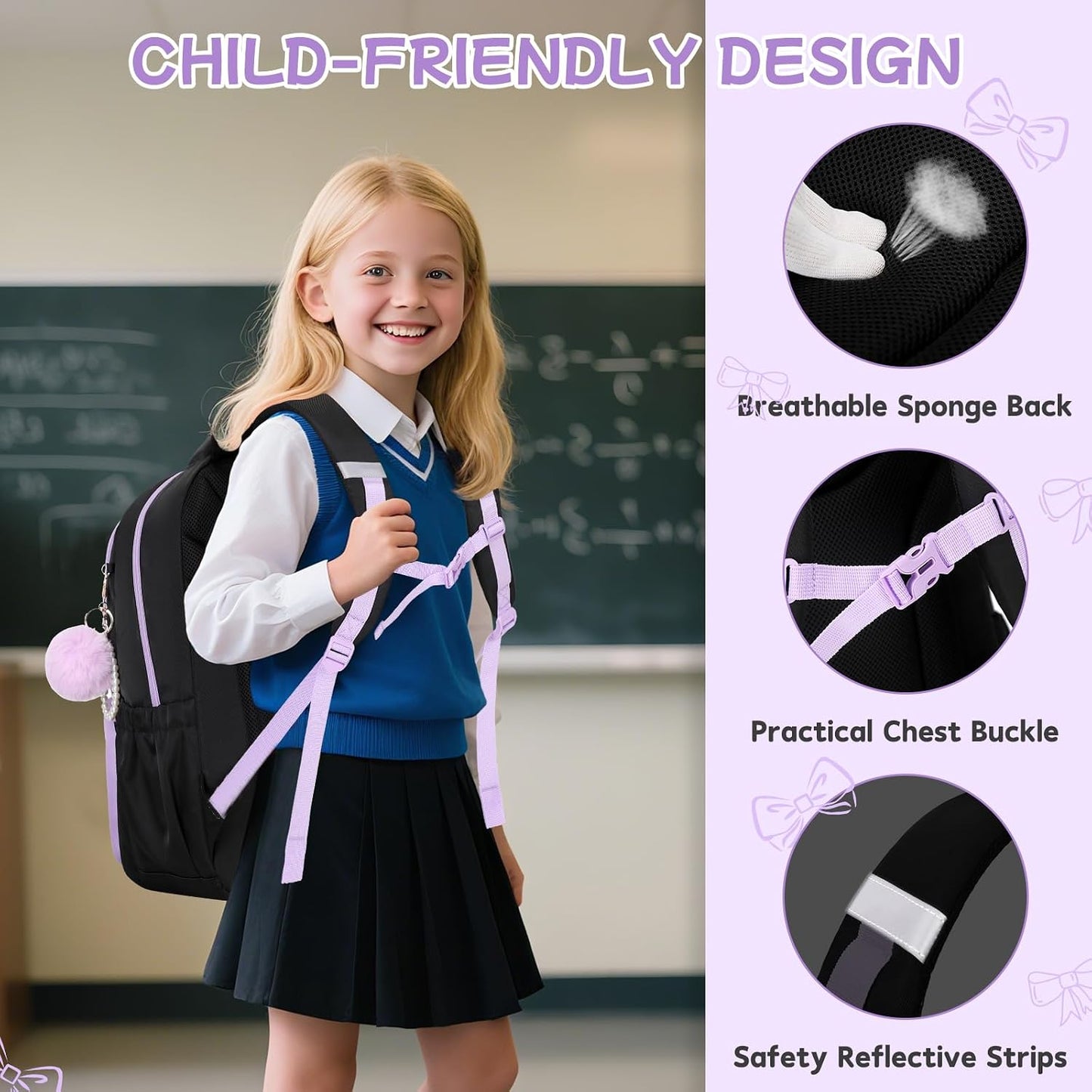 Girls Backpack, School Backpack for Girls, Cute Bow Kids Bookbag for Grils Children Teens for Elementary