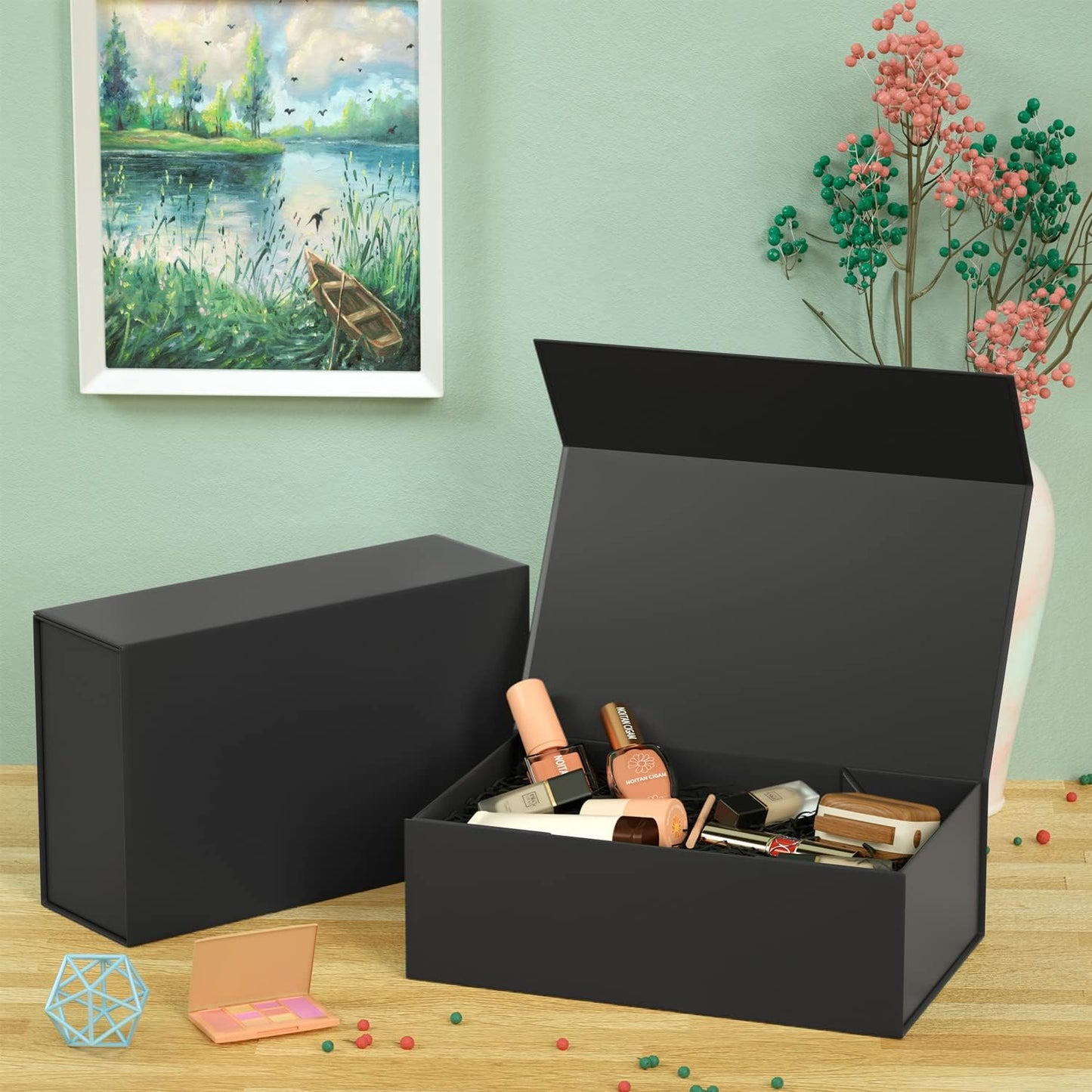 Black Gift Box, 9.5x6x3 Inch Gift boxes for Presents with Lids Magnetic Closure Rectangle Collapsible for Groomsman Proposal Box, Wedding, Christmas, Halloween, Birthday Gifts Packging