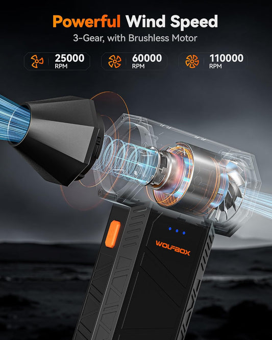 WOLFBOX MF50 Electric Air Duster-110000RPM Super Power Cordless Air Duster, 3-Gear Adjustable Mini Blower with Rechargeable Battery, Dust Blower for Computer, Keyboard, House, Outdoor and Car