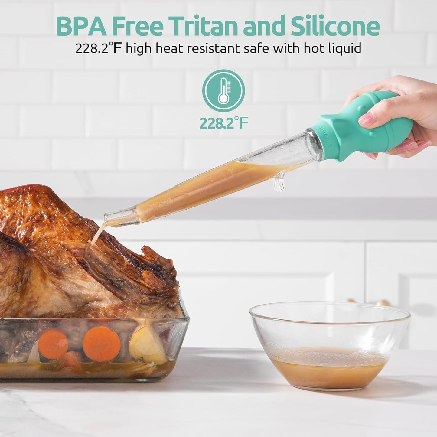 U-Taste 1.5oz Angled Turkey Baster - 228.2ºF Heat Resistant Food Grade Silicone Large Octopus Bulb Baster Set with Cleaning Brush for Cooking Basting Meat Poultry Beef Chicken (Black)