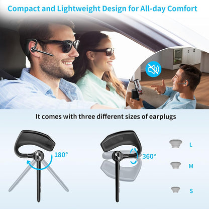Wireless Headset Bluetooth Earpiece with Dual Noise Canceling Microphone Hands Free Headphones Single Ear Earphone Over Ear Earbud for iPhone Samsung Android Cellphones TV PC Trucker Game Work