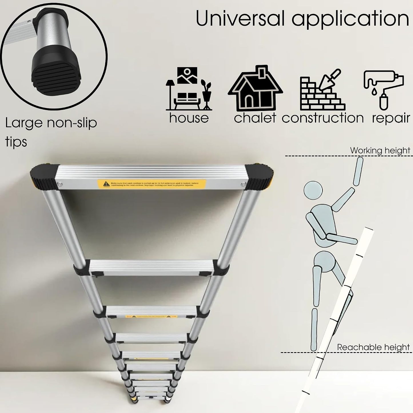 Collapsible Extension Ladder 9 ft – Compact, Lightweight & Durable for Home & Work - Portable Climbing Ladders 2.7 m - Multi-Purpose 8 Step Ladders - Foldable, Heavy Duty, Certified