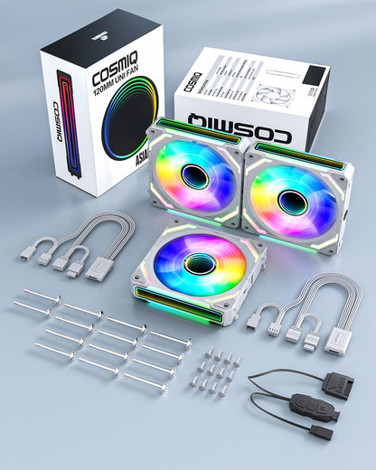 AsiaHorse COSMIQ-Black 120mm PC RGB Fans, 5V 3-PIN Connector Daisy Chain FDB PWM Computer Case Fans with RGB Controller for Cases CPU Liquid Coolers, 3Pack (Black) (White, 3_Pack_Forward_Blade)