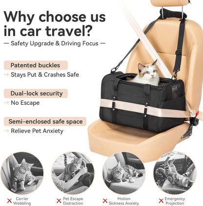 Petsfit Pet Carrier Airline Approved, Soft-Sided Cat Carrier with Patented Car Buckle, Lightweight and Collapsible with Adjustable Shoulder Strap, Soft Cushion,Green