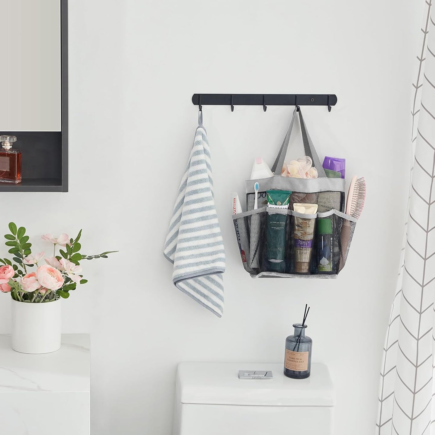 Lifewit Mesh Shower Caddy Freestanding Portable Shower Tote Bag for College Dorm, Bathroom, Gym, Travel, Quick Dry Hanging Shower Organizer with 7 Storage Pockets for Toiletry Essentials, Medium,Black