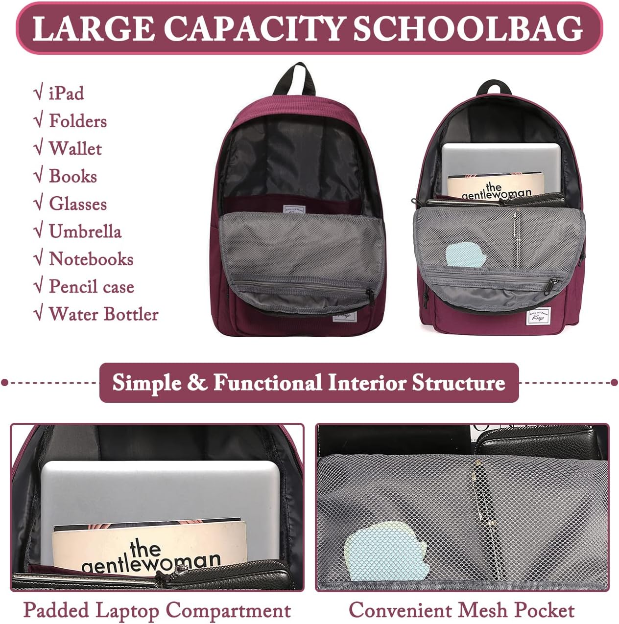 School Backpack, Kasqo 15.6 Inch Classic Lightweight Water-Resistant Backpack for Men Women Teens Girls Boys Kids to School, College, Travel, Work, Black