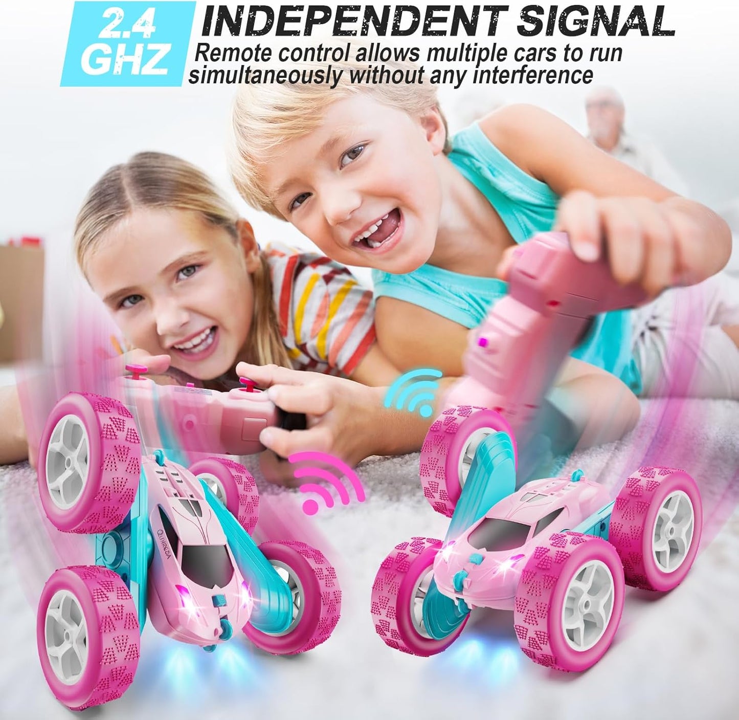 QUNREDA Remote Control Car for Kids Ages 6+, RC Cars Stunt Car Toy 4WD Double Sided 360° Rotating Remote Control with Headlights, Birthday Xmas Gifts for Boys 6 7 8 9 10 11 12 1-Blue